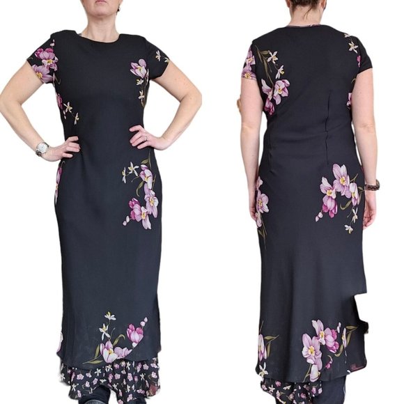 90s Black Pink Floral Maxi‎ Dress Layered Ruffles 6 Romantic Flowy Vintage Retro - Picture 1 of 14